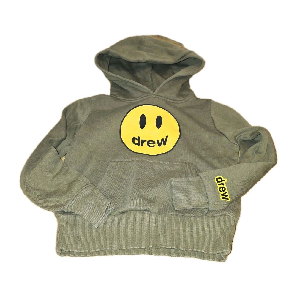drew house Olive Green Hoodie with Yellow Smiley Logo
